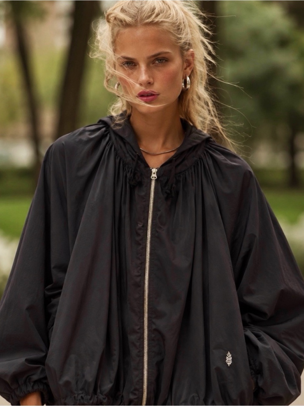 Free People FP MOVEMENT Breeze Black Ruched Hooded Jacket Size M